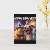 Carte Bonne année 2026 Capybara Pug Party Art  (Fleur jaune)