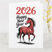 Carte Bonne Année 2026 Cheval Rouge Illustration (Fleur jaune)