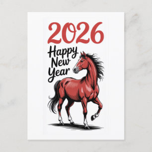 Carte Bonne Année 2026 Cheval Rouge Illustration