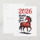 Carte Bonne Année 2026 Cheval Rouge Illustration (Devant / Derrière)
