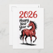 Carte Bonne Année 2026 Illustration Cheval Rouge (Devant / Derrière)