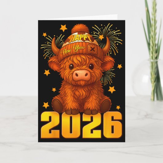 Carte Bonne année 2026 Vache des Highlands & Chapeau de (Devant)