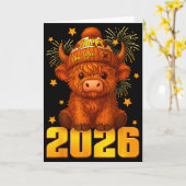 Carte Bonne année 2026 Vache des Highlands & Chapeau de (Fleur jaune)