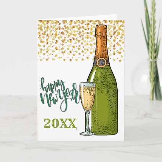 Carte Bonne année Champagne et Gold Stars (Devant)
