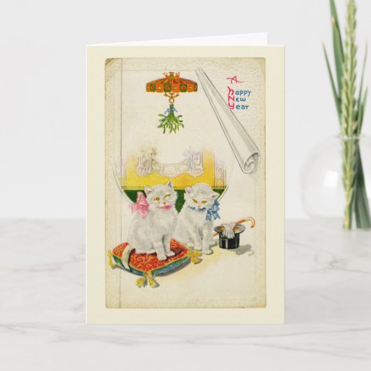 Carte Bonne Année Chat Blanc Élégant Vintage (Devant)