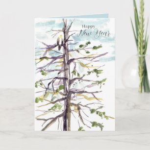 Carte Bonne année faucon arbre d'hiver ciel d'hiver