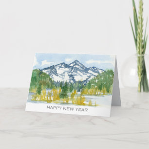 Carte Bonne année Montagnes Rocheuses Aquarelle d'hiver