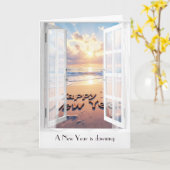 Carte Bonne Année Vue Océan dans la fenêtre (Fleur jaune)