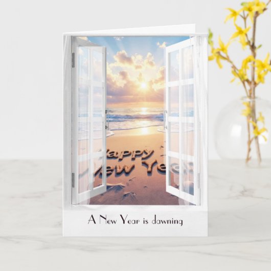 Carte Bonne Année Vue Océan dans la fenêtre (Fleur jaune)