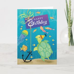 Carte Bonne Anniversaire Tortue de mer Présente Ancre Lo