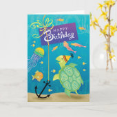 Carte Bonne Anniversaire Tortue de mer Présente Ancre Lo (Fleur jaune)