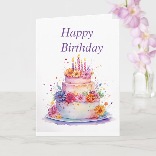 Carte Bonne aquarelle d'anniversaire Gâteau floral (Orchidée)