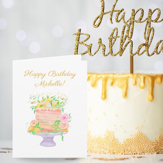 Carte Bonne aquarelle d'anniversaire Gâteau floral citro