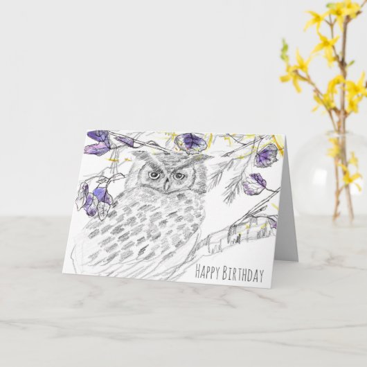 Carte Bonne Chouette D'Anniversaire Dans L'Arbre Meilleu (Fleur jaune)