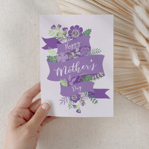 Carte Bonne Fête des Mères Moderne Floral Script Violet