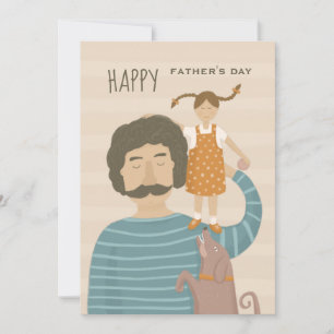 Carte Bonne fête des pères. Papa fille et mignon chien d