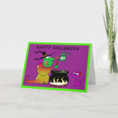 Carte Bonne Halloween Funny Witch Et Purple Cat Card (Devant)