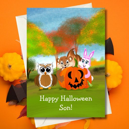 Carte Bonne Halloween Son Chipmunk, Rabbit & Owl