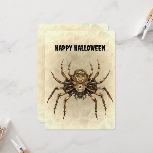 Carte Bonne Halloween Steampunk Spider (Devant/Arrière en situation)