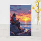 Carte Bonne pêche à la Fête des pères au coucher du sole (Fleur jaune)