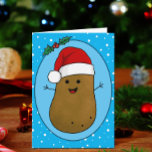 Carte Bonne pomme de terre de Noël<br><div class="desc">Adorable drôle mignonne joyeux patate de dessin animé brun portant un chapeau de Père Noël rouge et blanc. La pomme de terre est dans un style d'art cartoon et marron coloré, il a des bras et des doigts en bâton et un grand sourire heureux avec des points pour les yeux....</div>