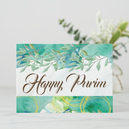 Carte Bonne Purim Flat Greeting Card Aquarelle Vert (Debout devant)