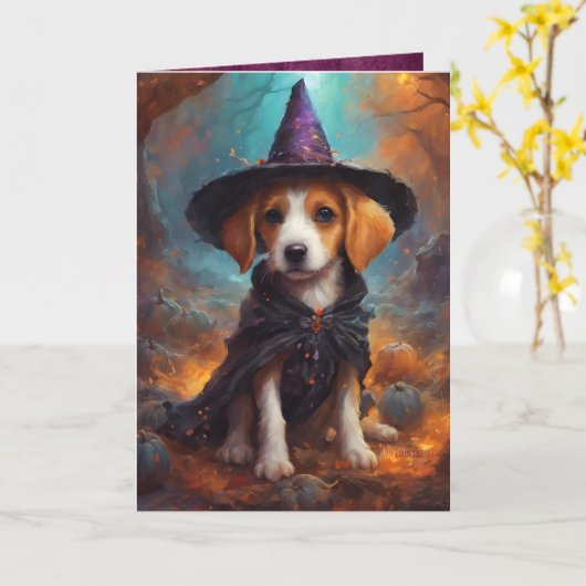 Carte Bonne sorcière chiot, mignonne salutation de chien (Fleur jaune)