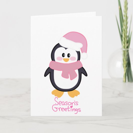 Carte Bonnes Fêtes de pingouin de Noël rose (Devant)