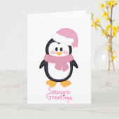 Carte Bonnes Fêtes de pingouin de Noël rose (Fleur jaune)