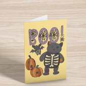 Carte Boo ! Patchwork squelette chat et chaume Halloween