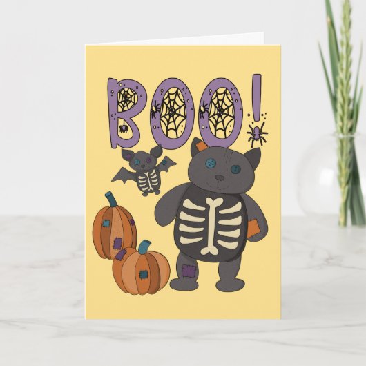 Carte Boo ! Patchwork squelette chat et chaume Halloween (Devant)