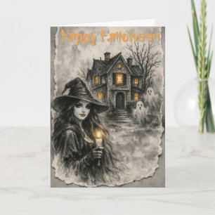 Carte BOO ! Sorcière hantée et maison Halloween