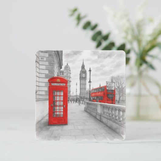 Carte Booth & Bus London Red Phone Watercolor (Debout devant)