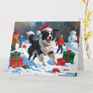 Carte Border Collie au chapeau de Père Noël jouant dans