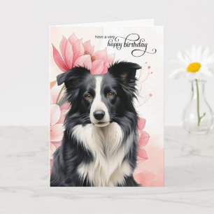 Carte Border Collie Chien Fleurs Botaniques Roses Annive