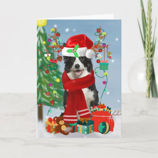 Carte Border Collie dans la neige avec des cadeaux de No (Devant)