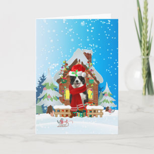 Carte Border Collie dans la neige avec des cadeaux de No