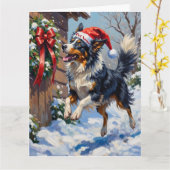 Carte Border Collie en plein vol attrapant un noeud de N (Fleur jaune)