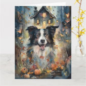 Carte Border Collie Halloween avec citrouilles épouvanta (Fleur jaune)