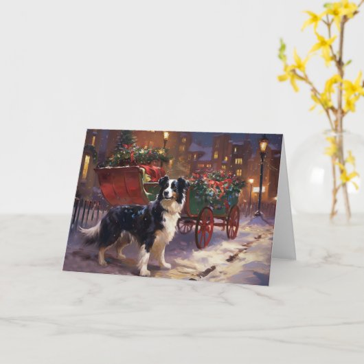 Carte Border Collie Saison de Noël festive (Fleur jaune)
