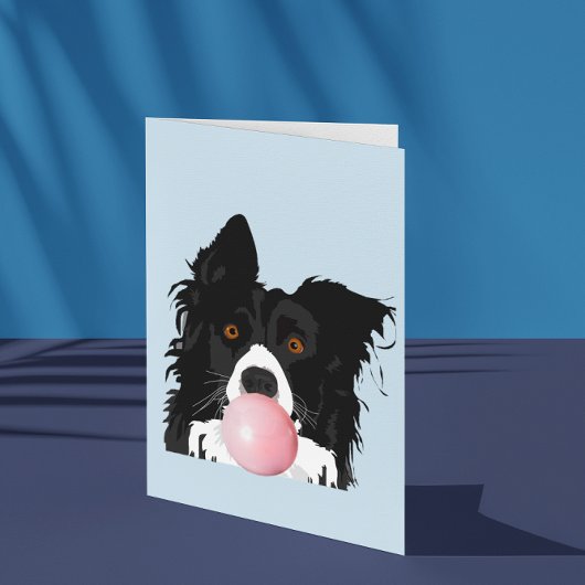 Carte Border Collie soufflant du chewing-gum
