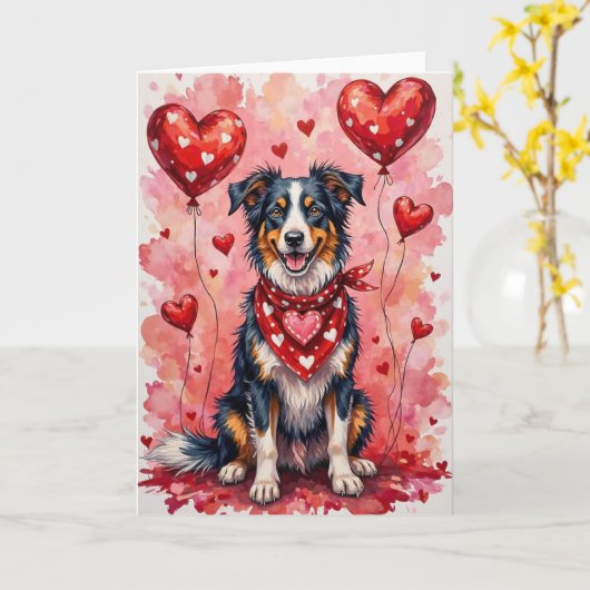 Carte Border Collie Valentine’s Day Dog with Hearts Red (Fleur jaune)