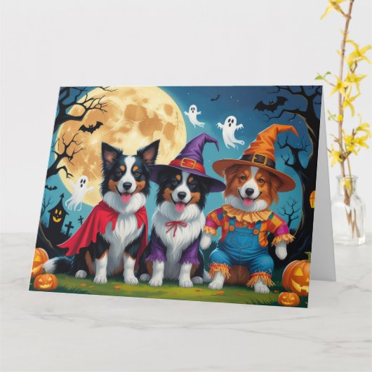 Carte Border Collies Chiens Citrouille Halloween Drôle (Fleur jaune)