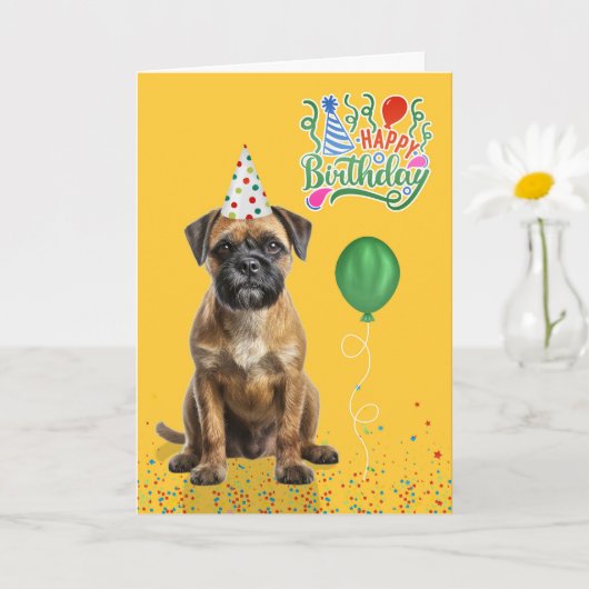 Carte Border Terrier Dog Party Hat Yellow Birthday (Petite plante)