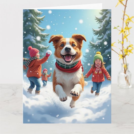 Carte Border Terrier Snowball Fight Christmas Painting (Fleur jaune)