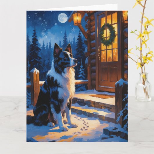 Carte Bordure Collie avec les lumières de Noël (Fleur jaune)