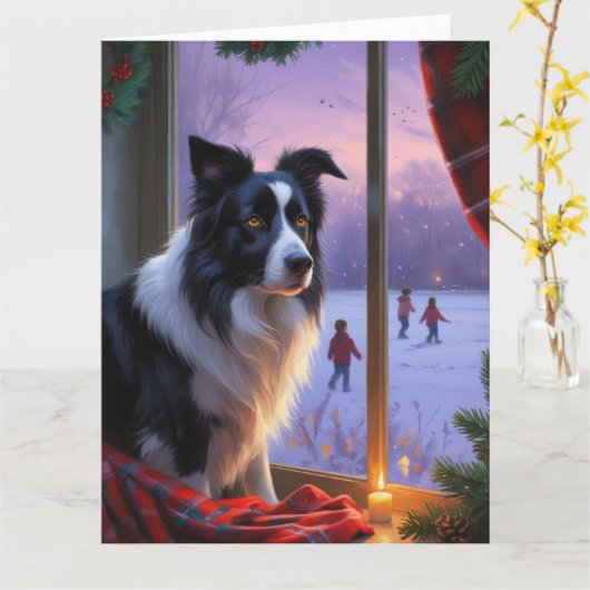 Carte Bordure Collie avec les lumières de Noël (Fleur jaune)