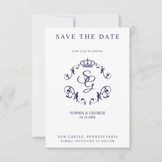 Carte Bordure ornementale bleue avec couronne et initial (Devant)