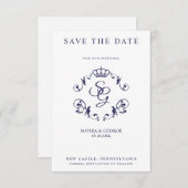 Carte Bordure ornementale bleue avec couronne et initial (Devant / Derrière)