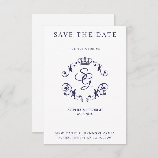 Carte Bordure ornementale bleue avec couronne et initial (Devant / Derrière)